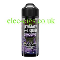 image shows a large bottle of Madame Chaos 100 ML E-Liquid from the 'Villains' Range by Ultimate E-Liquids