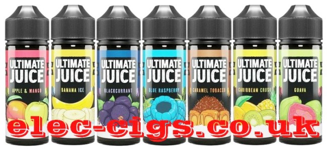 Image shows several of the flavours available in the Ultimate Juice 100 ML E-Liquids Range