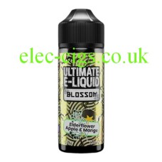 Image shows  a bottle of Elderflower Apple and Mango 100 ML Blossom Range by Ultimate E-Liquid