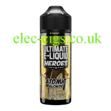 image shows a bottle of Atomic Blonde 100 ML E-Liquid from the 'Heroes' Range by Ultimate Puff