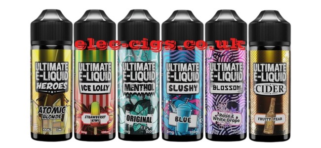 Image shows several of the flavours available across the ranges of Ultimate 100 ML E-Liquids