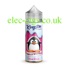 Image shows a bottle and box, on a white background, of  Kingston 100 ML Chilly Willies Range 70-30 Pink Slush E-Liquid 