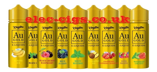 Image shows alot of the avaiable flavours in the AU Gold 100ML E-liquids from Kingston range