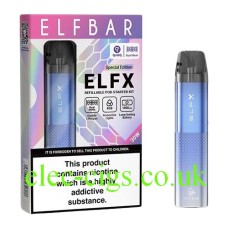 the box and device of the ELFBAR ELFX Pod Kit Blue