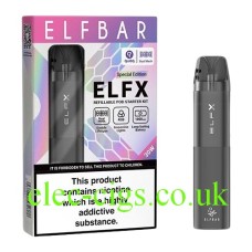 the box and device of the ELFBAR ELFX Pod Kit Grey