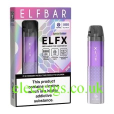 the box and device of the ELFBAR ELFX Pod Kit Purple