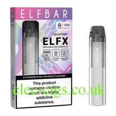 the box and device of theELFBAR ELFX Pod Kit Silver