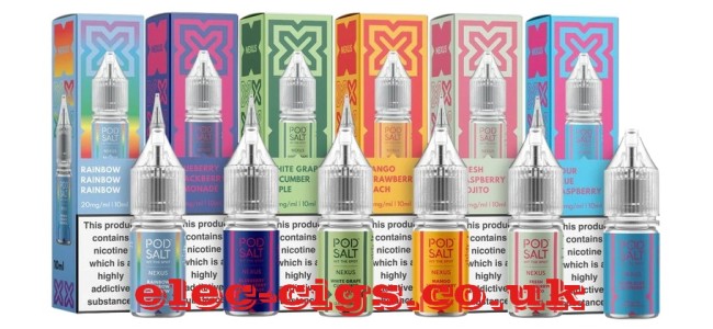 Image shows several of the flavours in the Pod Salt Nexus E-Liquids range of e-liquids