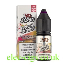 Image show the bottle and box containing the IVG Tropical Ice Blast 10 ML E-Liquid