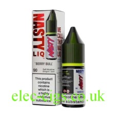 image shows the bottle and box containing the Berry Bull 10ml Nicotine Salt E-Liquid from the Nasty LIQ Range