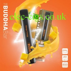 Image shows a vivid orange background with the Mango Energy 600 Puff Disposable Vape by Buddha Bar on it.