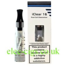 Image shows the box and the actual Innokin iClear 16 Dual Coil Atomiser