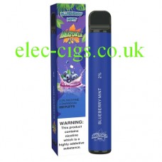 image shows the box and the actual Blueberry Mint 800 Puff Disposable E-Cigarette by Amazonia