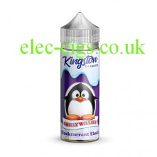 Image shows a bottle and box, on a white background, of  Kingston 100 ML Chilly Willies Range 70-30 Blackcurrant Slush E-Liquid 