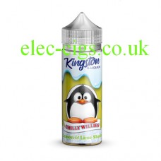 Image shows a bottle and box, on a white background, of  Kingston 100 ML Chilly Willies Range 70-30 Lemon and Lime Slush E-Liquid 