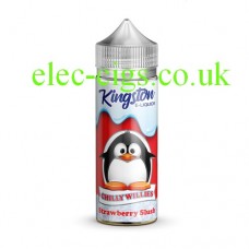 Image shows a bottle with a cartoon penguin on the label with Kingston 100 ML Chilly Willies Range 70-30 Strawberry Slush E-Liquid 