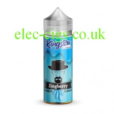 A bottle, with a blue label with a man's face on it containing Kingston 100 ML Zingberry Range 70-30 Zingberry E-Liquid