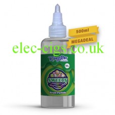 a great big bottle, with a green label, containing Fruit Pastels Sweets 500 ML E-Liquid by Kingston
