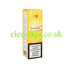 Image shows a bottle and box on a white background of Pear Drops 10 ML E-Liquid by iFresh