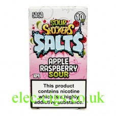 Image shows the box containing the Sour Shockers 10ML Nicotine Salt E-Liquid: Apple Raspberry Sour