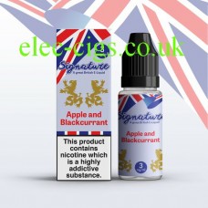 Bottle and box containing Apple & Blackcurrant 10 ML E-Liquid from Signature